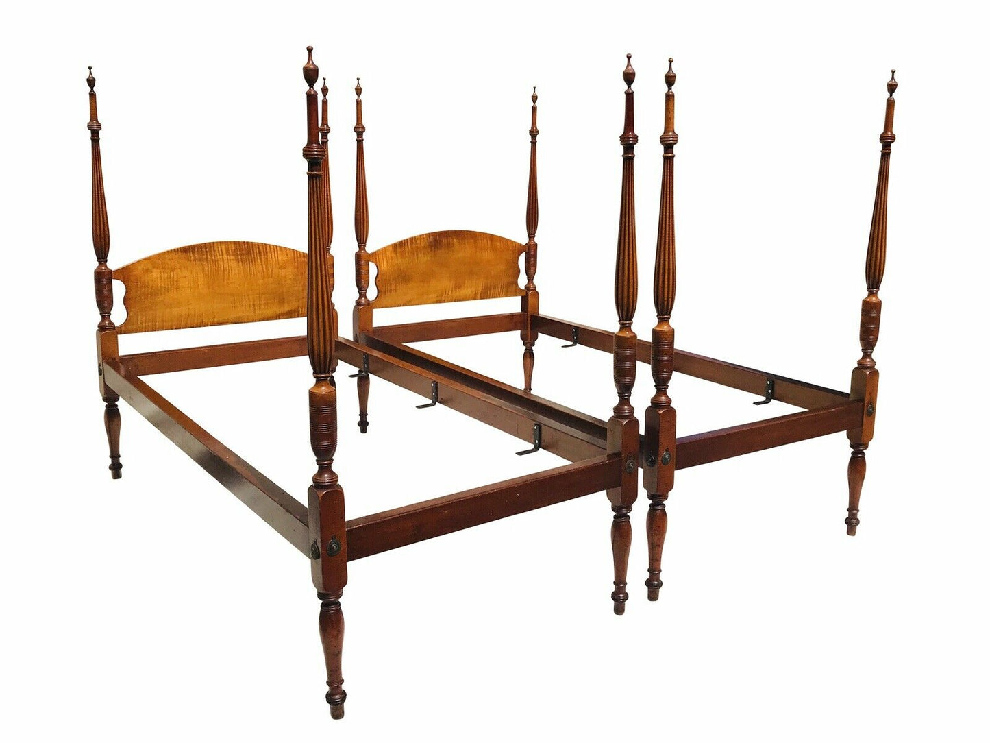 18th C Antique Pair Of Federal Period Tiger Maple Twin Beds