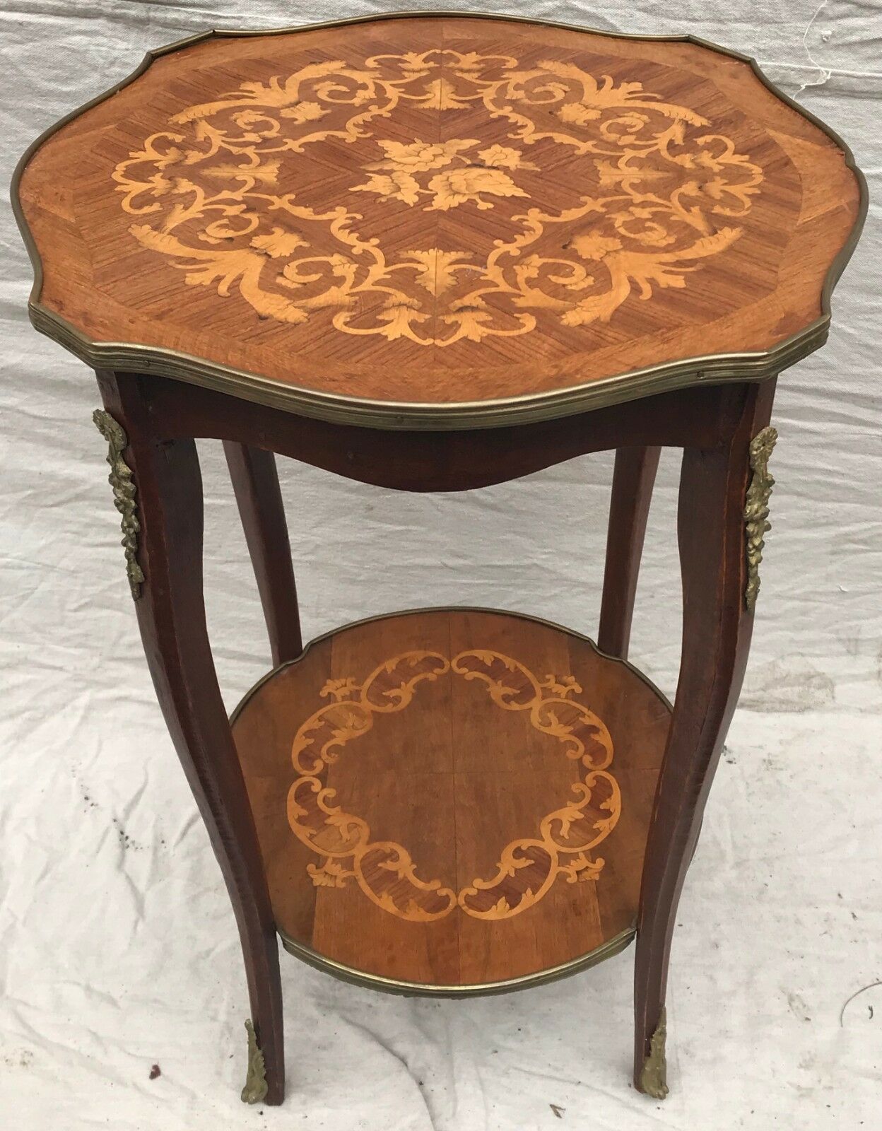 EARLY 20TH C FRENCH LOUIS XV STYLE MARQUETRY END TABLES W/ FLORAL BRASS MOUNTS