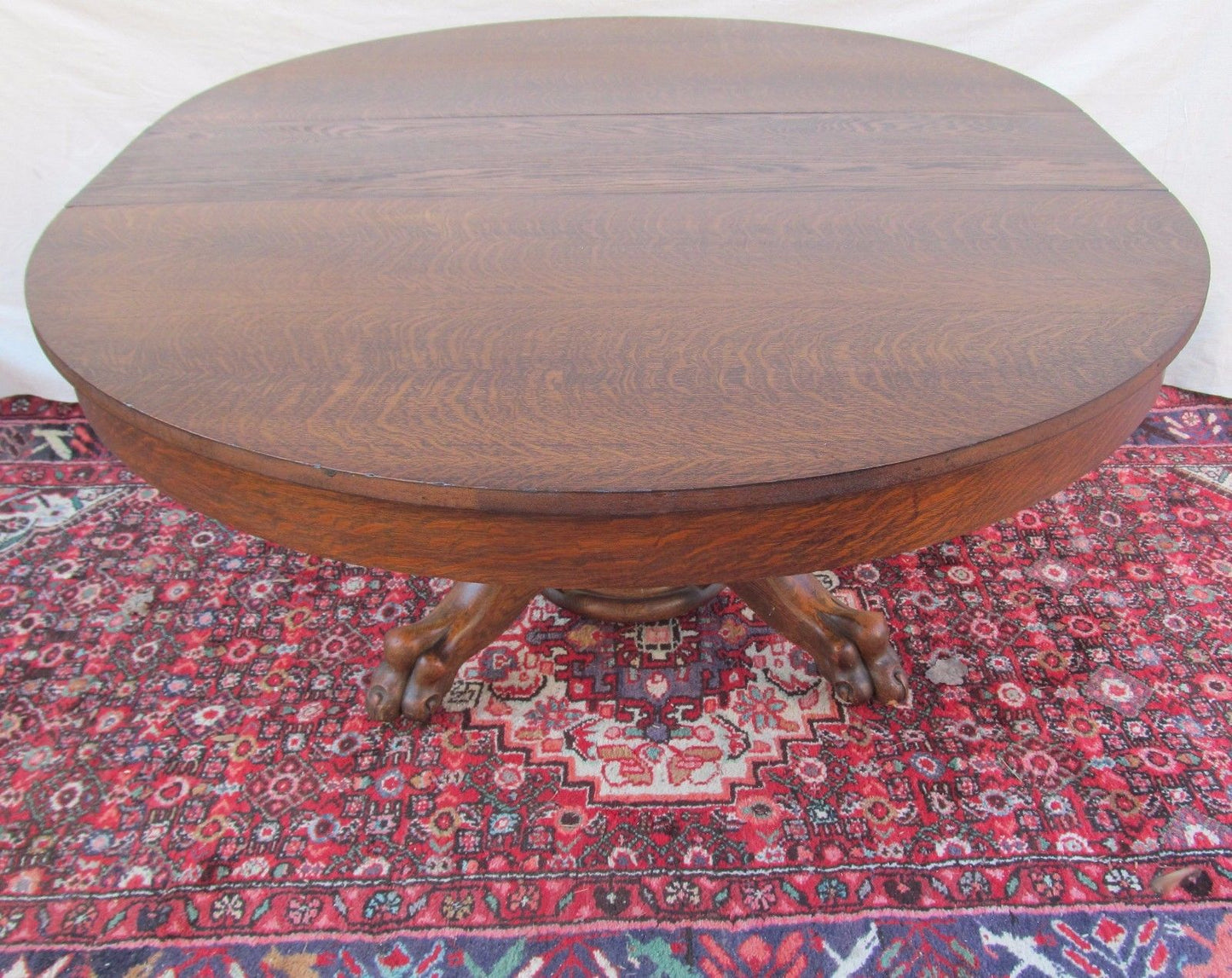 EXTRA CHOICE VICTORIAN TIGER OAK DINING TABLE WITH LION PAW BASE BY LARKIN