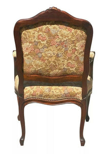 19TH C ANTIQUE WALNUT FRENCH PROVINCAL ARM CHAIR & FOOTSTOOL WITH FLORAL FABRIC