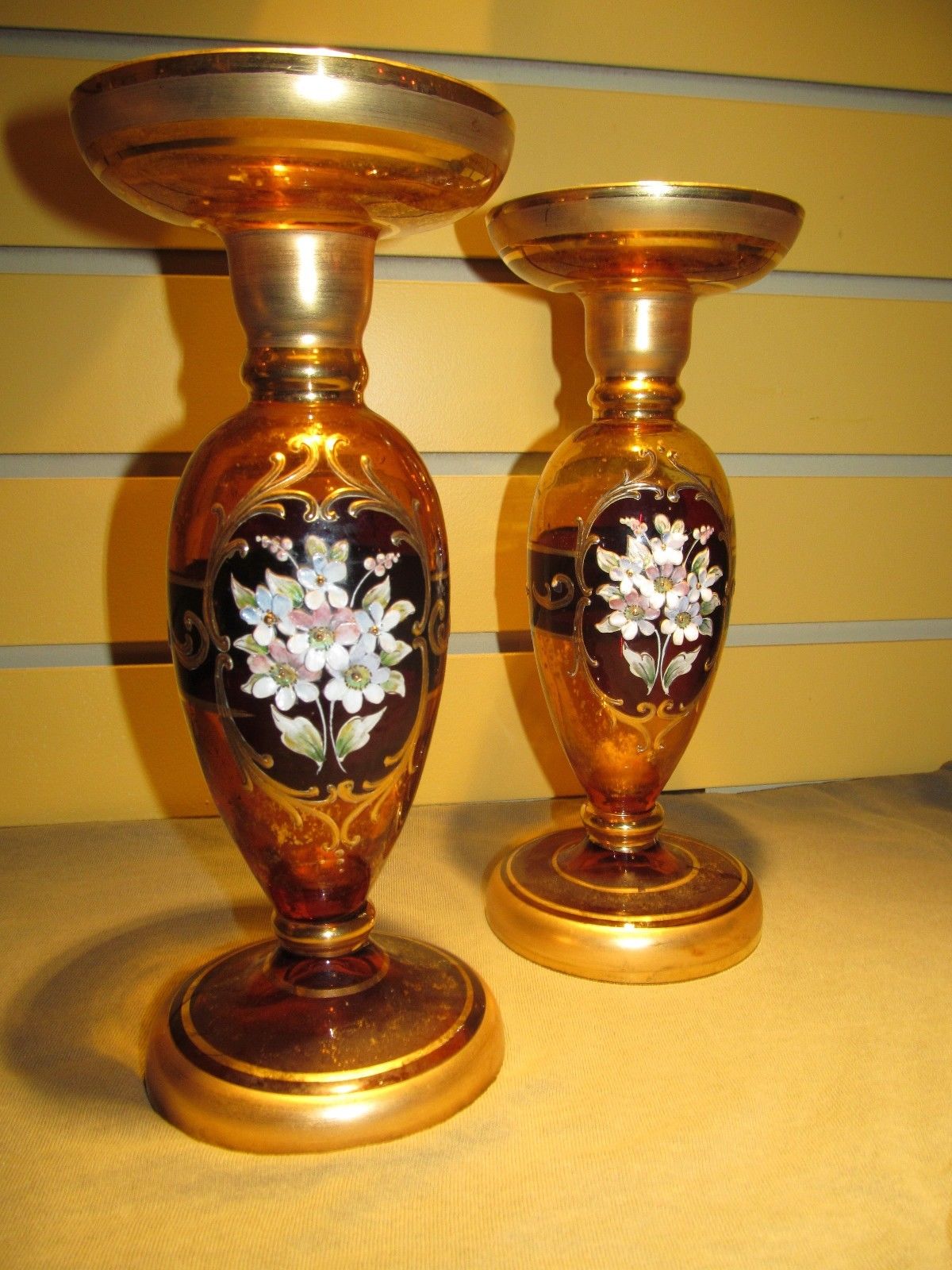 PAIR OF MOSER FLORAL ENAMELED WORKED CANDLESTICKS