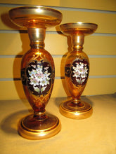 Load image into Gallery viewer, PAIR OF MOSER FLORAL ENAMELED WORKED CANDLESTICKS