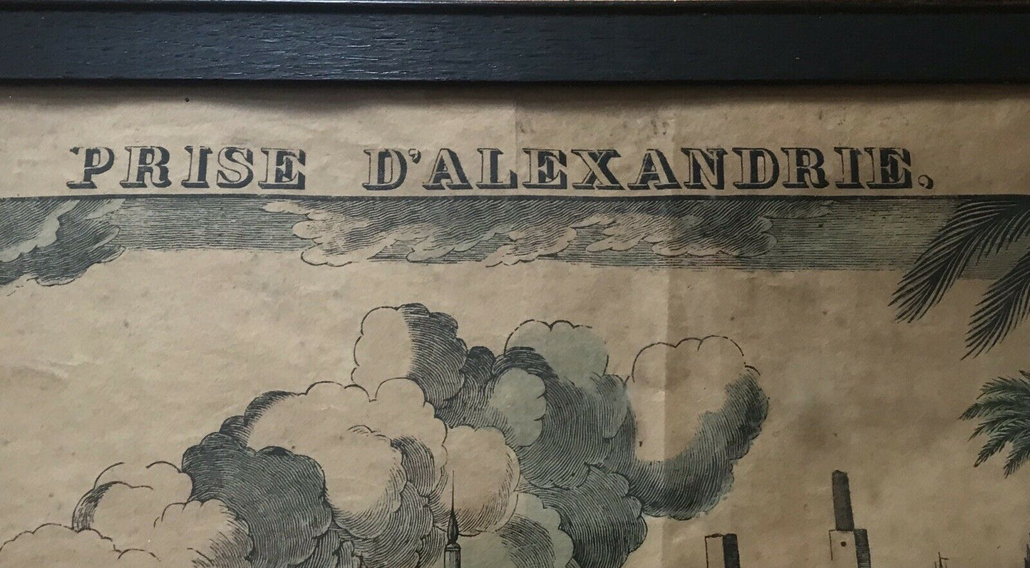 ANTIQUE 19TH C FRENCH COLORED LITHOGRAPH ~ PRISE D'ALEXANDRIE FALL OF ALEXANDRIA