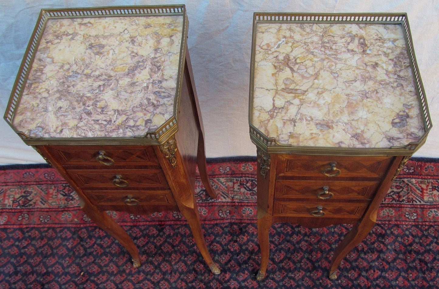 RARE SIZED DIMINUTIVE INLAID PAIR OF FRENCH LOUIS XVI CARRERA MARBLE TOPPED NIGH