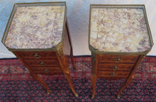 Load image into Gallery viewer, RARE SIZED DIMINUTIVE INLAID PAIR OF FRENCH LOUIS XVI CARRERA MARBLE TOPPED NIGH