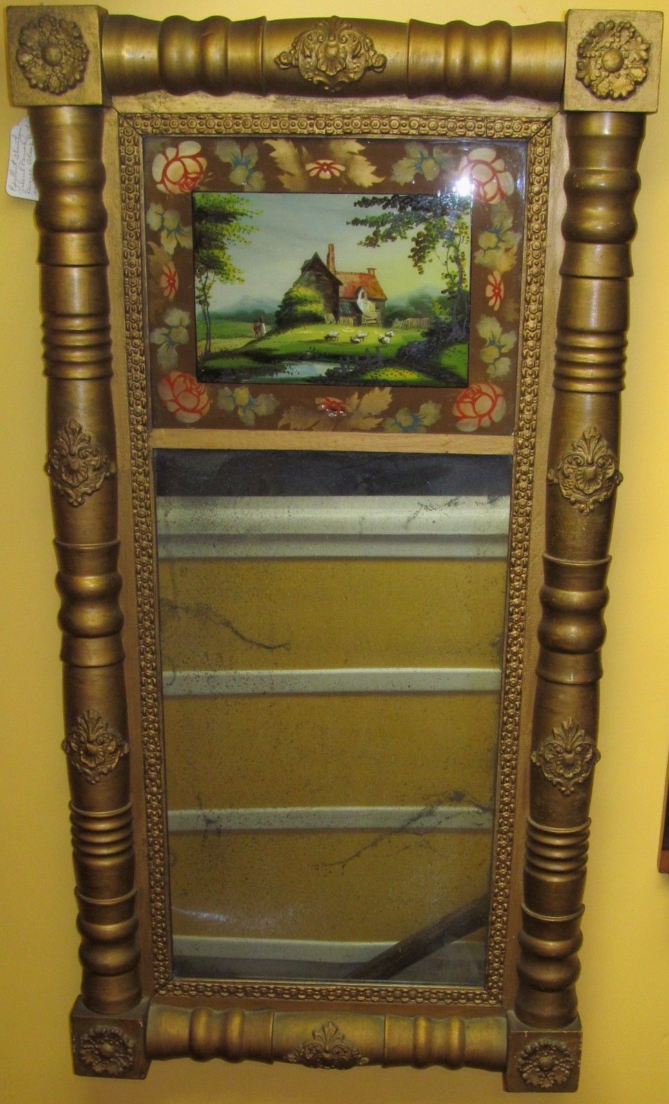 EARLY 19TH CENTURY SHERATON FEDERAL PERIOD REVERSE GLASS PAINTED MIRROR