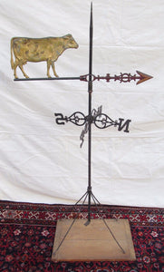 ANTIQUE DAIRY COW WEATHERVANE WITH MOUNT & STANDARDS ON DISPLAY BASE BY CUSHING