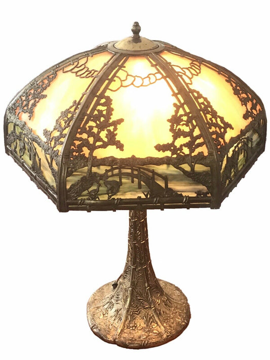 EARLY 20TH C ANTIQUE SIGNED RAINAUD SLAG GLASS PANEL LAMP ~JAPANESE GARDEN SCENE