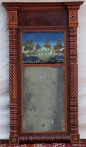 FEDERAL PERIOD REVERSE PAINTED DECORATIVE MIRROR IN CARVED MAHOGANY FRAME