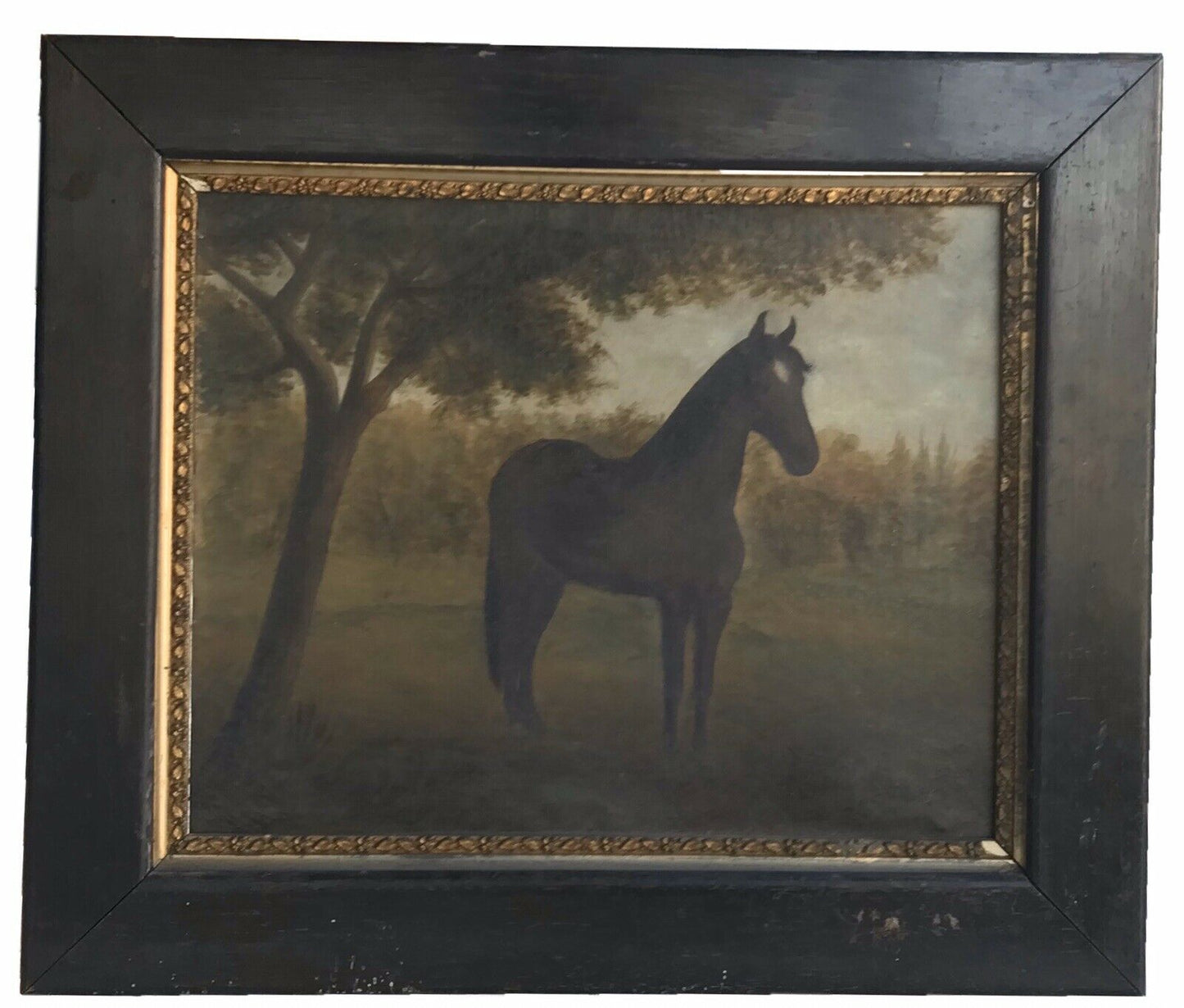 19TH C ANTIQUE FOLK ART HORSE / EQUINE PAINTING M.E SLAYTON 1897