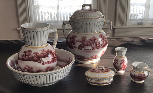 EXCELLENT COMPLETE 6 PC STONE CHINA TOILETRY COMMODE CHAMBER POT SET