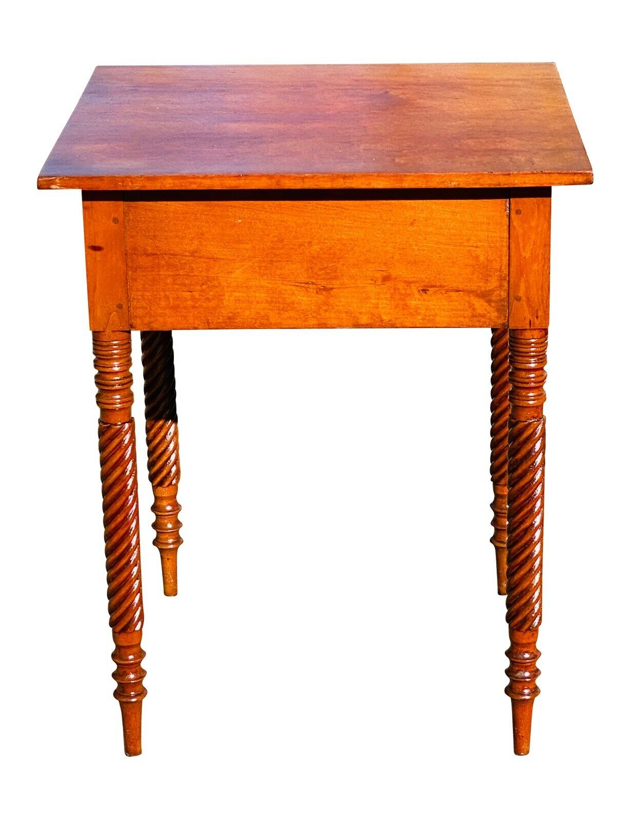 19TH C ANTIQUE COUNTRY SHERATON CHERRY & TIGER MAPLE WORK TABLE / NIGHT STAND