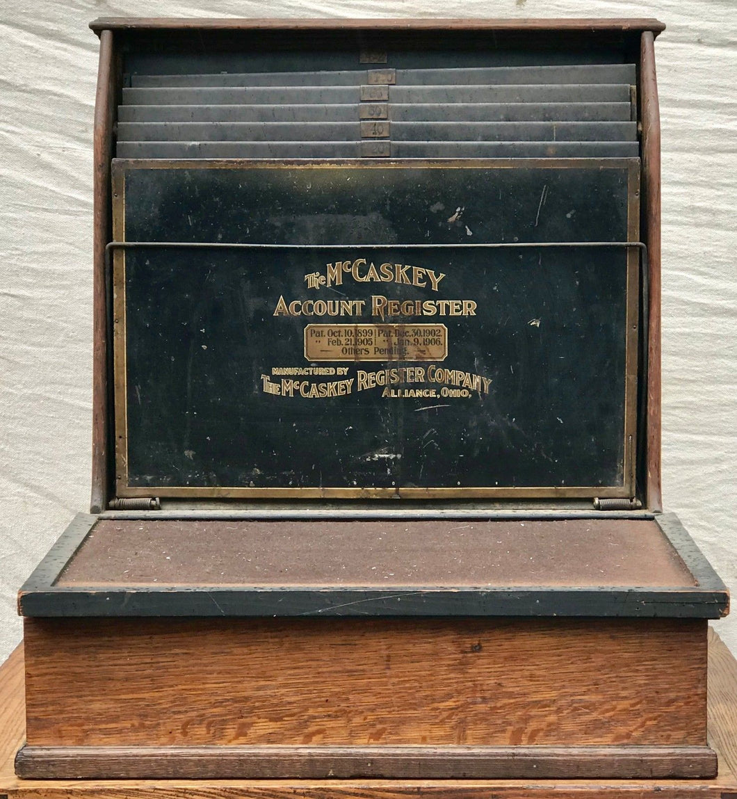 EARLY 20TH C. OAK & TOLE MCCASKEY ACCOUNT REGISTER CA. 1910