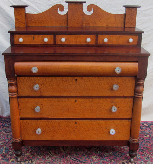 SHERATON BIRD'S EYE MAPLE & MAHOGANY CHEST OF DRAWERS WITH SANDWICH GLASS KNOBS