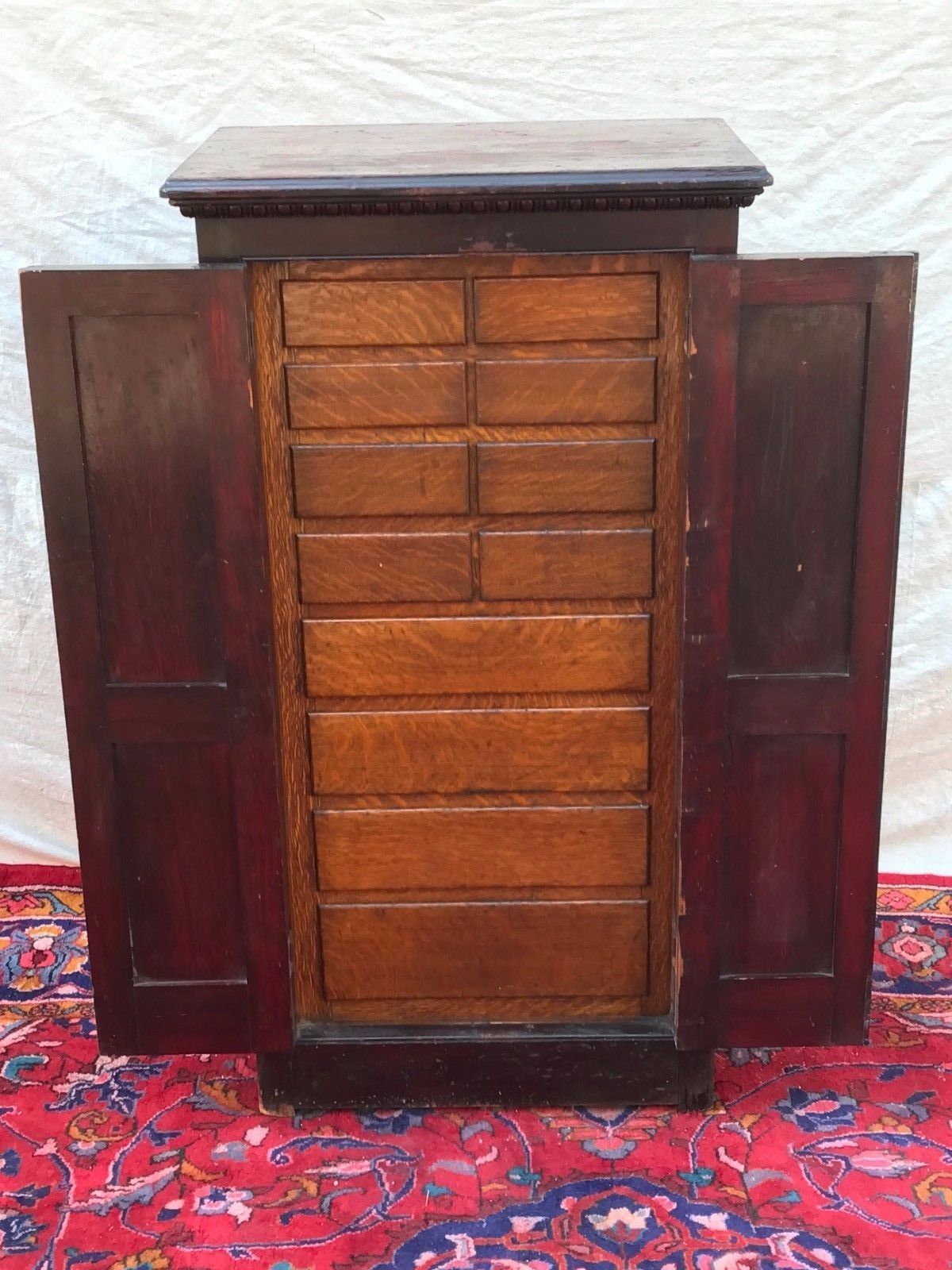 VICTORIAN RAISED PANEL OAK & PINE APOTHECARY CABINET WITH EGG & DART MOLDINGS