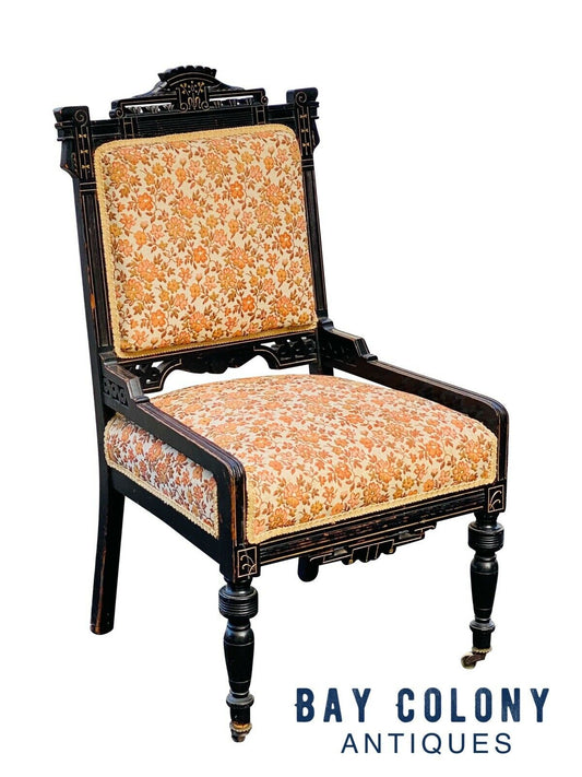 19TH C ANTIQUE EASTLAKE VICTORIAN EBONIZED PARLOR CHAIR