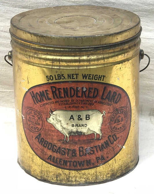 ARBOGAST & BASTIAN LITHOGRAPHED HOME RENDERED LARD TIN ADVERTISING BUCKET - A&B