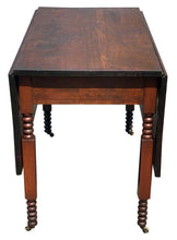 Load image into Gallery viewer, 19TH C ANTIQUE SHERATON FIGURED CHERRY DROP LEAF DINING TABLE  W/ SPOOL CARVINGS