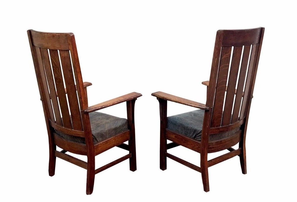 PAIR OF ANTIQUE ARTS & CRAFTS MISSION OAK BILLIARDS CHAIRS