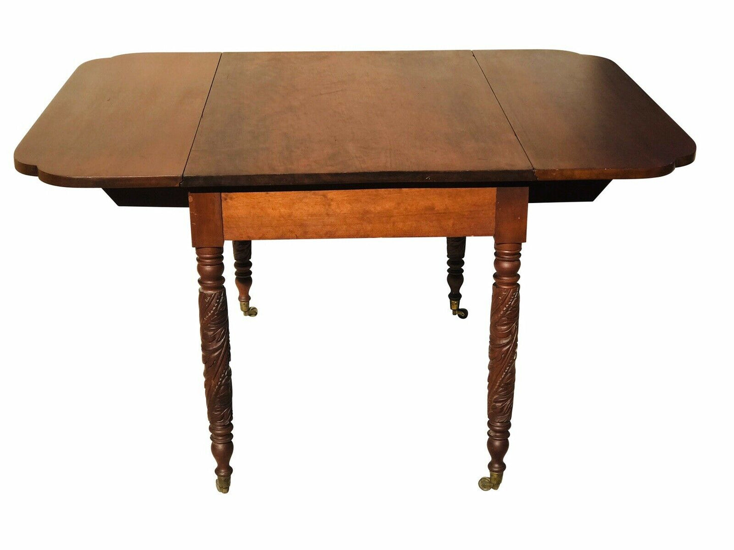 19TH C ANTIQUE CHERRY ACANTHUS CARVED DROP LEAF DINING TABLE