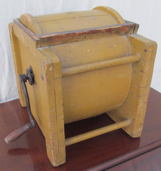 19TH CENTURY BUTTER CHURN IN ORIGINAL MUSTARD YELLOW PAINT