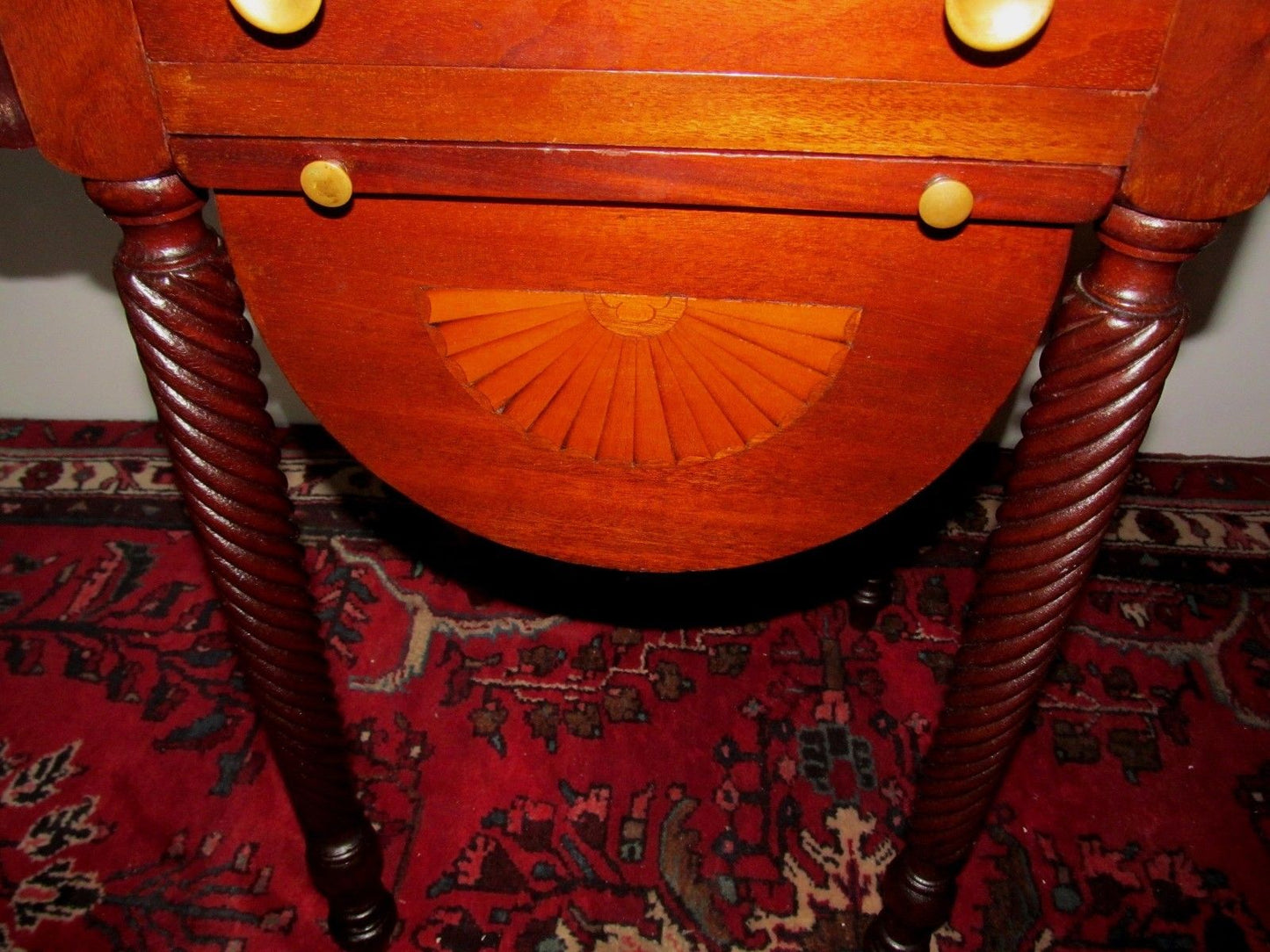 SHERATON STYLE INLAID MAHOGANY WORK TABLE WITH TWIST CARVED LEGS & BASE CABINET