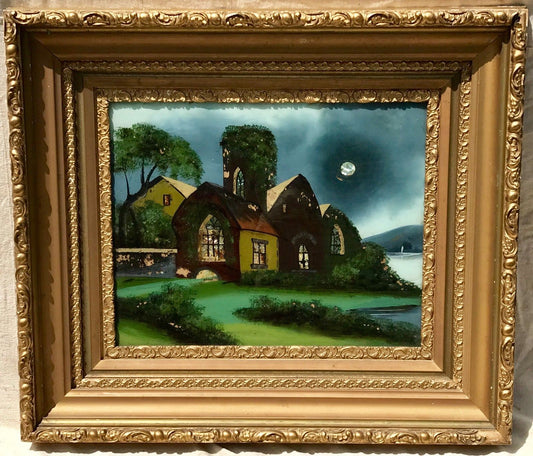 19TH C. NEW ENGLAND COTTAGE LANDSCAPE W/ MOTHER OF PEARL ILLUMINATED MOON