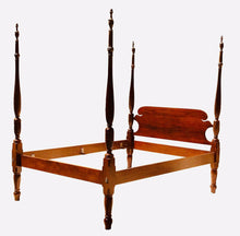 Load image into Gallery viewer, 20TH C SHERATON ANTIQUE STYLE MAHOGANY QUEEN SIZE FOUR POST ROPE CARVED BED