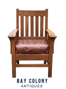 20th C AntiqueJM Young Tiger Oak Arm Chair W/ Leather Seat #810
