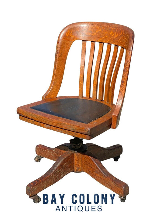 19TH C ANTIQUE VICTORIAN TIGER OAK SWIVEL OFFICE DESK CHAIR W/ LEATHER SEAT