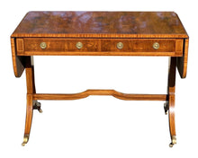 Load image into Gallery viewer, 20TH C REGENCY ANTIQUE STYLE ELM &amp; SATINWOOD DROP LEAF SOFA TABLE / DESK