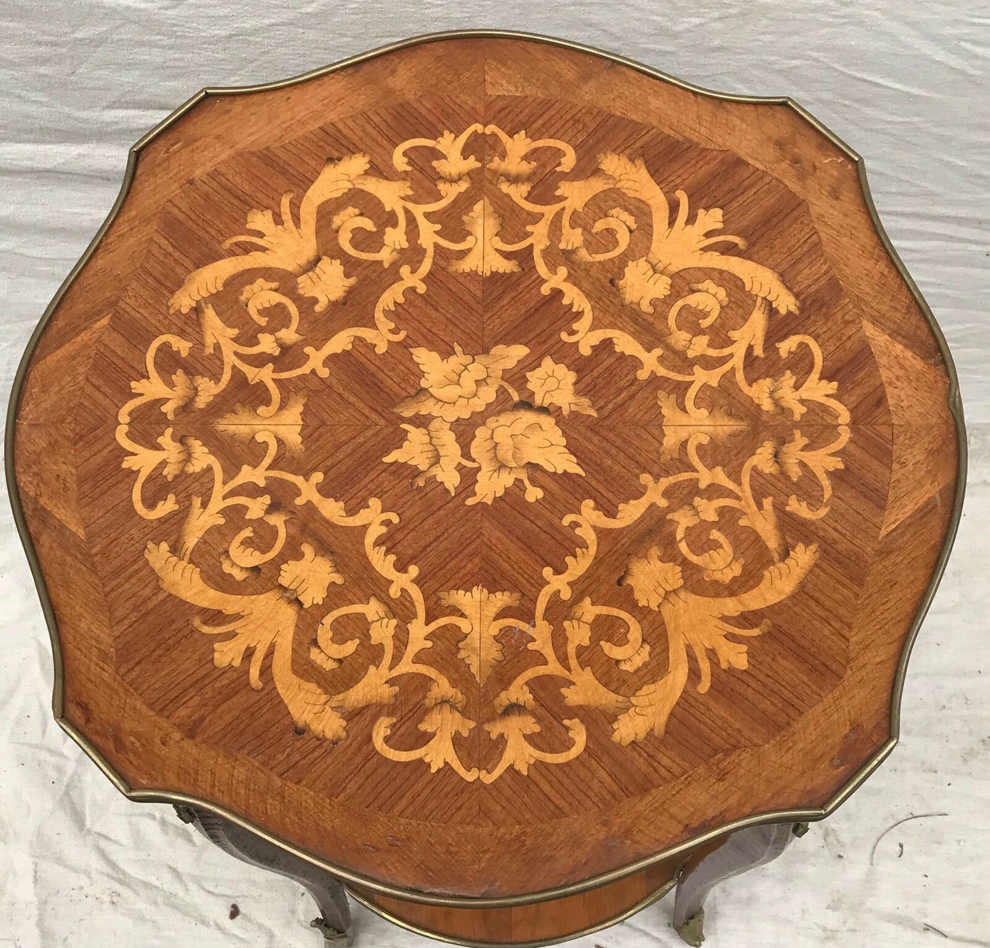 EARLY 20TH C FRENCH LOUIS XV STYLE MARQUETRY END TABLES W/ FLORAL BRASS MOUNTS