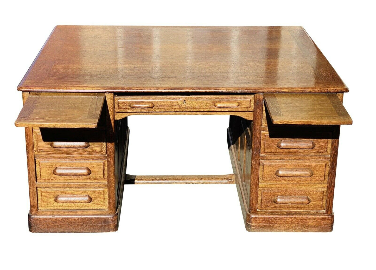 19TH C ANTIQUE VICTORIAN TIGER OAK PARTNERS DESK ~ 60” X 48”