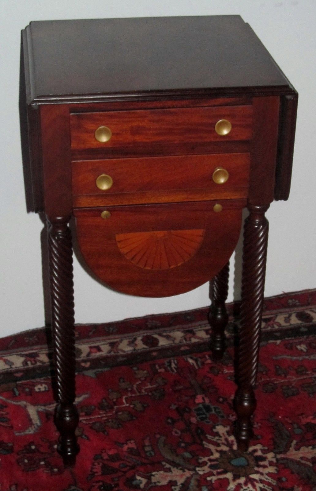 SHERATON STYLE INLAID MAHOGANY WORK TABLE WITH TWIST CARVED LEGS & BASE CABINET