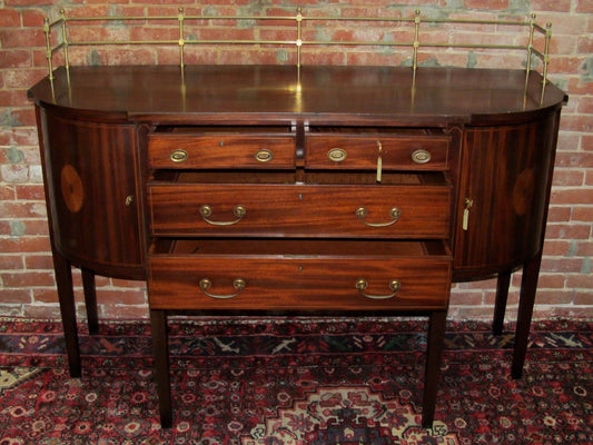 EXCEPTIONALLY FINE HEPPLEWHITE STYLED MAHOGANY INLAID SIDEBOARD - BRASS GALLERY-