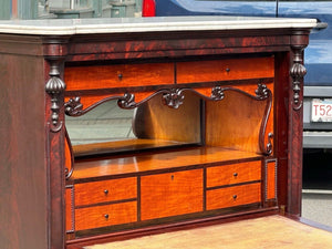 Antique Biedermeier Mahogany & Satinwood Secretary Abattant Desk With Marble Top