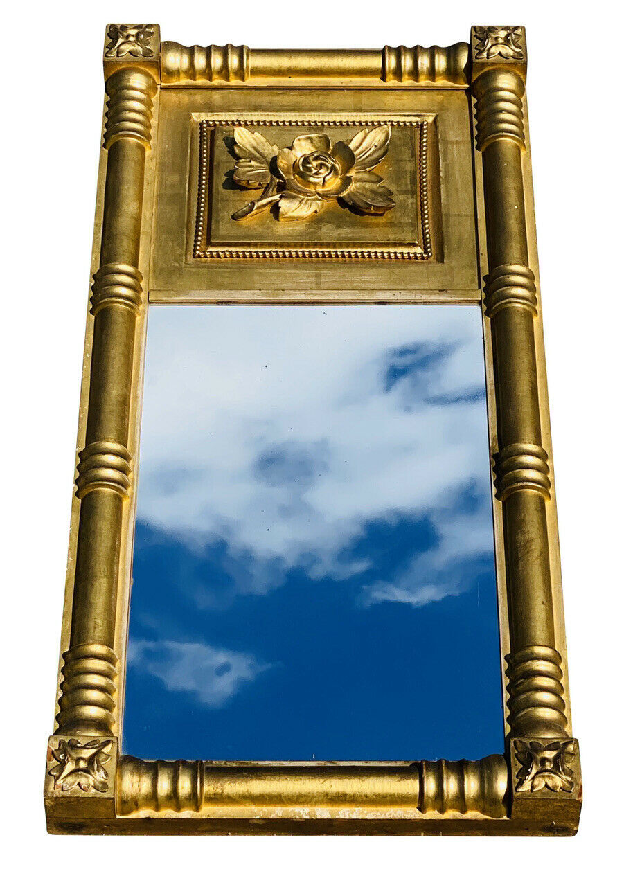 19TH C ANTIQUE SHERATON ROSE CARVED GILT MIRROR