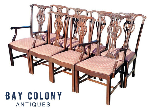 20TH C SET OF 8 CHIPPENDALE ANTIQUE STYLE CARVED MAHOGANY DINING CHAIRS