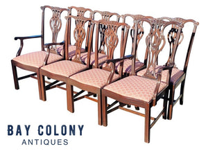 20TH C SET OF 8 CHIPPENDALE ANTIQUE STYLE CARVED MAHOGANY DINING CHAIRS