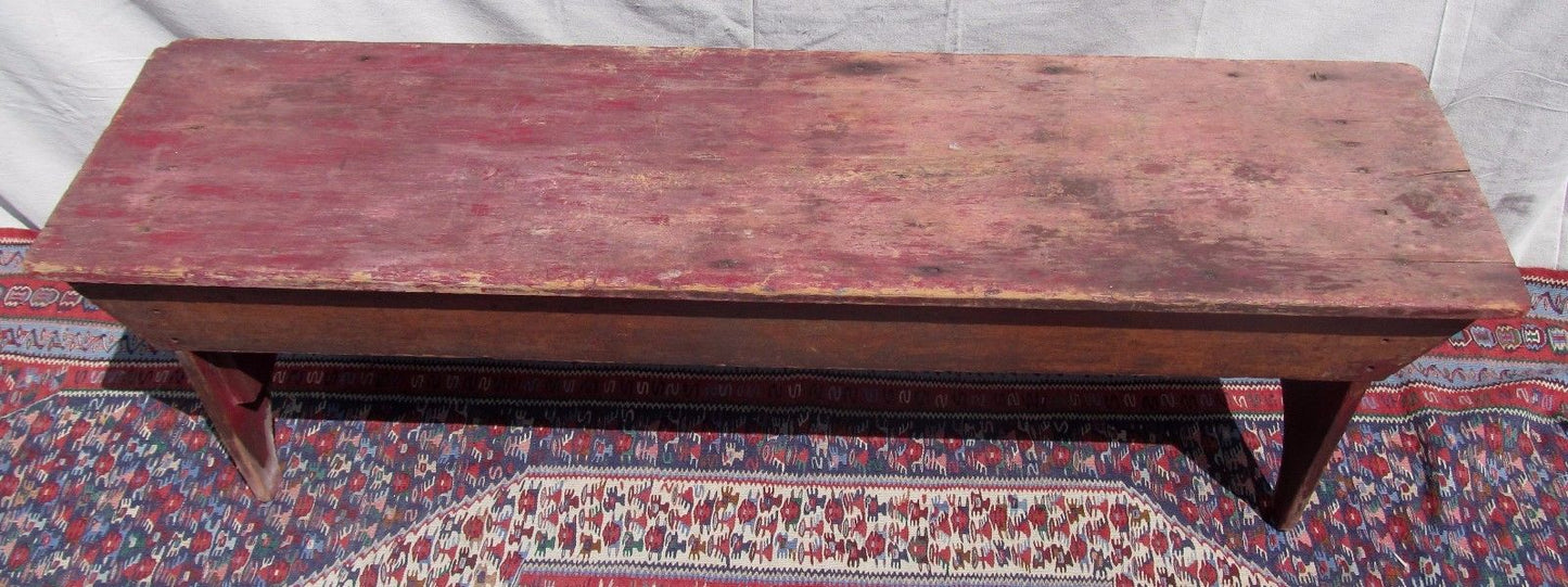 19TH CENTURY NEW ENGLAND PINE BUCKET BENCH IN OLD RED PAINT