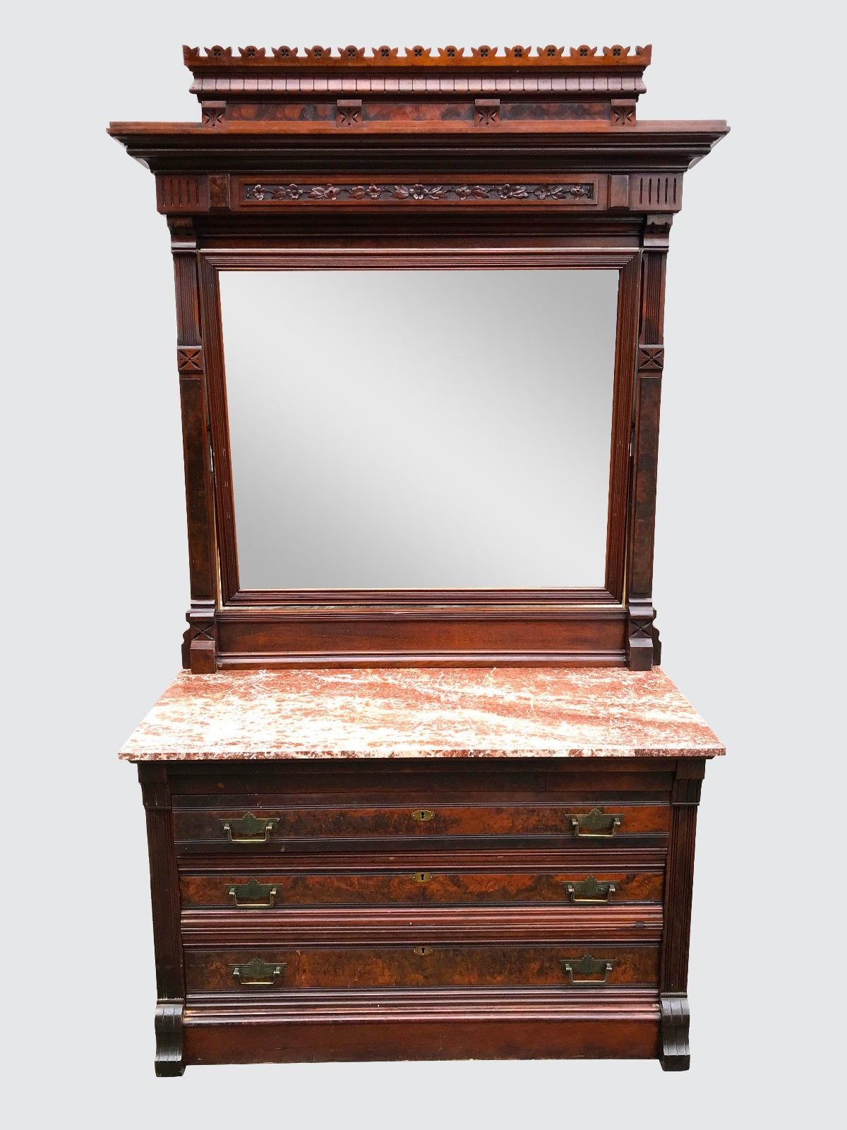 OUTSTANDING BLACK & BURLED WALNUT 2 PC VICTORIAN BEDROOM SET WITH MARBLED TOP