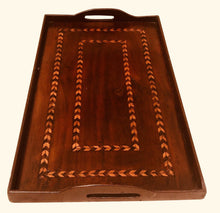 Load image into Gallery viewer, 19TH C FEDERAL PERIOD ANTIQUE MAHOGANY CHEVRON INLAY BUTLERS SERVING TRAY