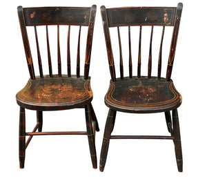 19TH C PAIR OF ANTIQUE COUNTRY PRIMITIVE FANCY PAINT WINDSOR THUMB BACK CHAIRS