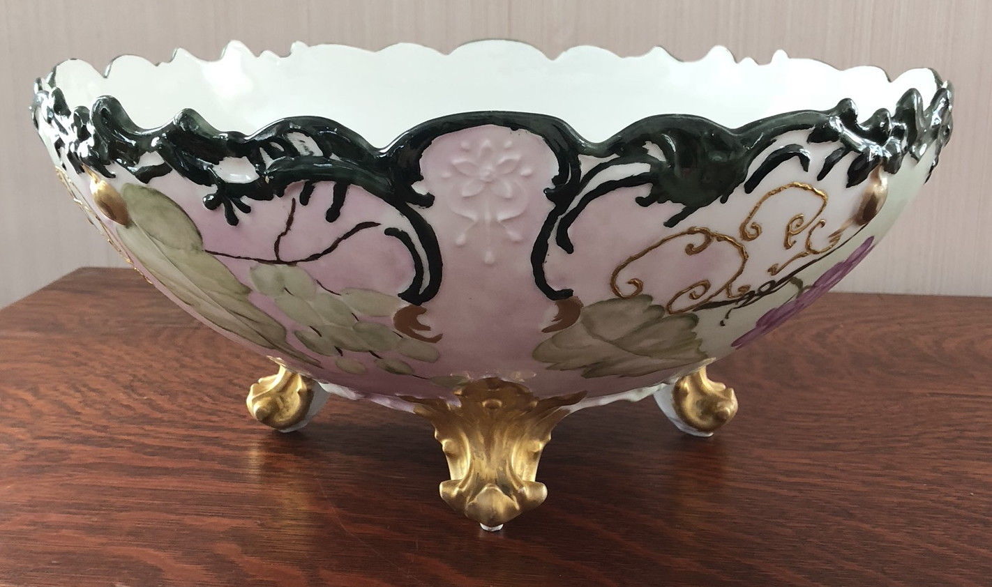 LIMOGES PUNCH BOWL ON GOLD GILT FOLIATE TRI POD FOOTED BASE