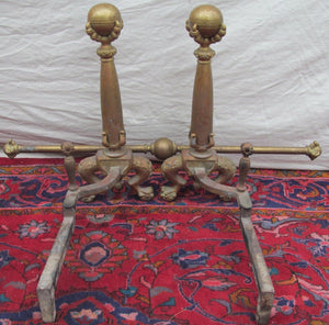MONUMENTAL ANTIQUE CHIPPENDALE BALL & CLAW FIREPLACE ANDIRON SET W/ FENDER BAR