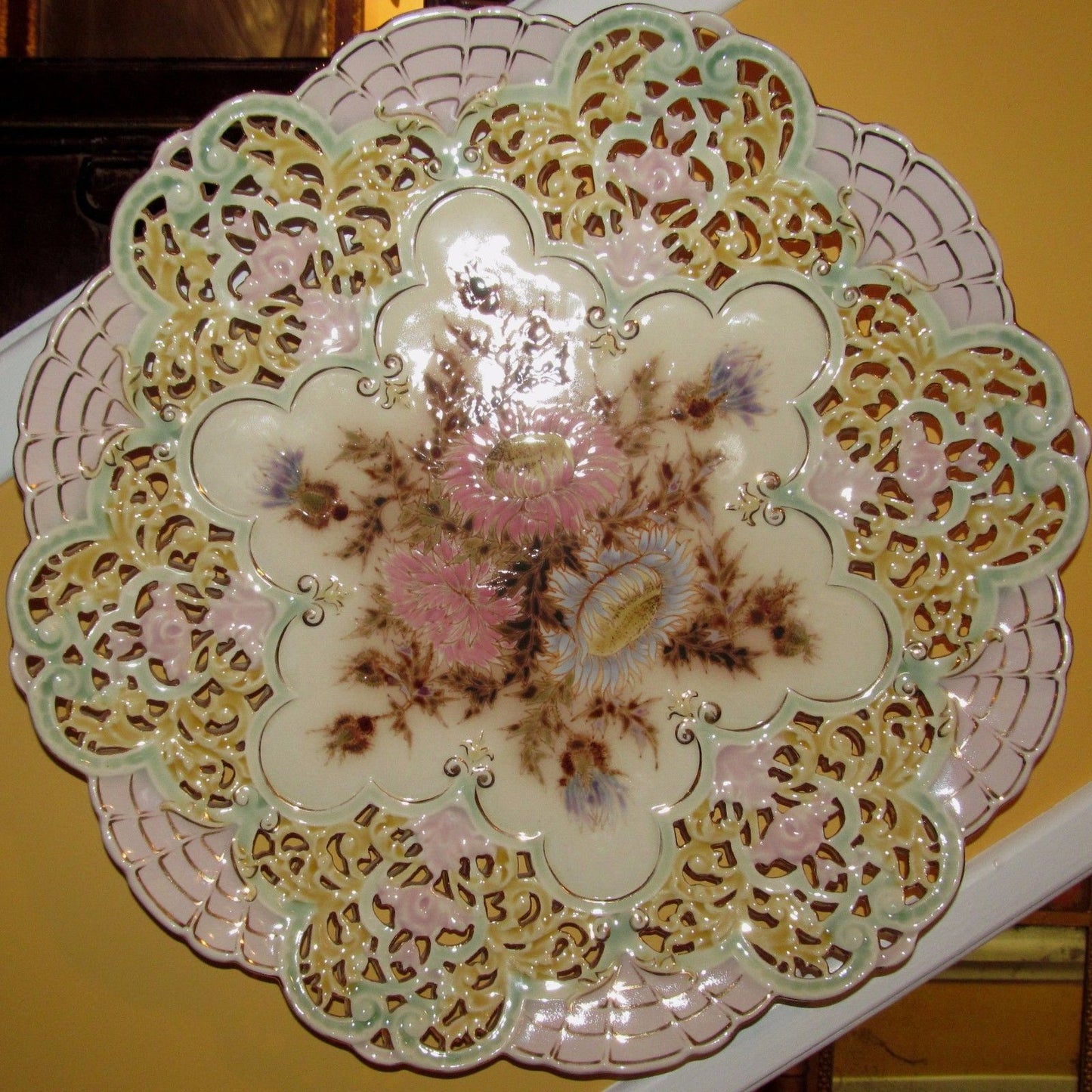 OUTSTANDING ZSOLNAY 16" RETICULATED FLORAL LUSTER PAINTED CHARGER-THE VERY BEST!