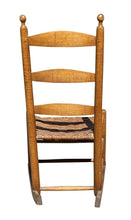 Load image into Gallery viewer, 18TH C ANTIQUE QUEEN ANNE TIGER MAPLE LADDER BACK ROCKING CHAIR W SPLINT SEAT