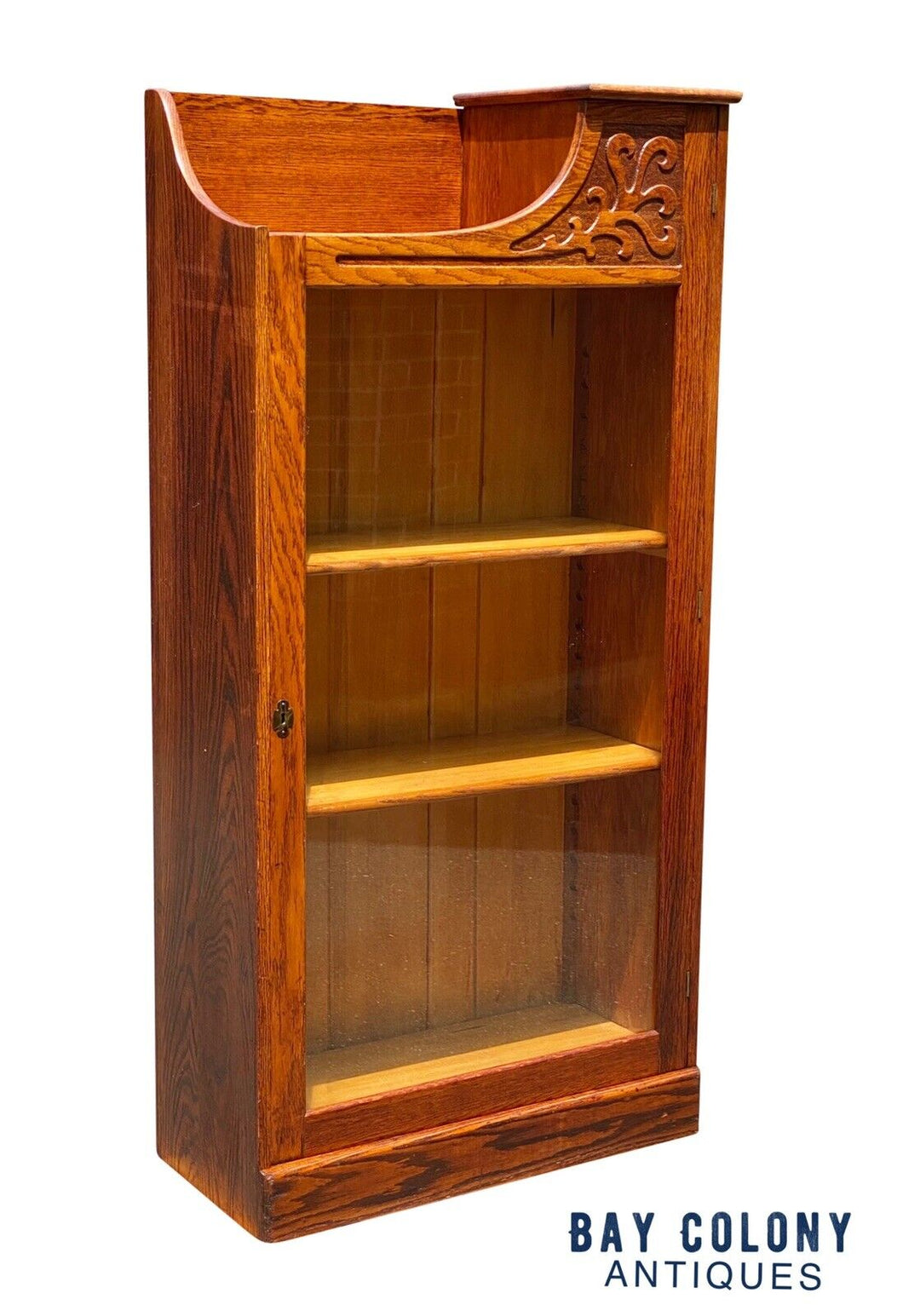 19th C Antique Victorian Oak Single Door Bookcase / China Cabinet - Glass Door