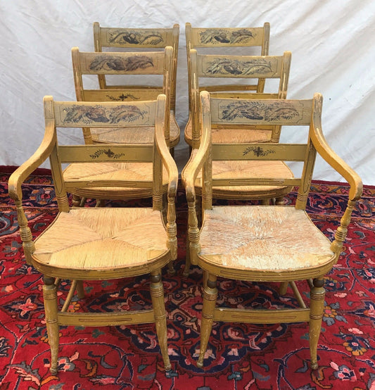 SET OF SIX ANTIQUE SHERATON FANCY CHAIRS IN OLD MUSTARD PAINT