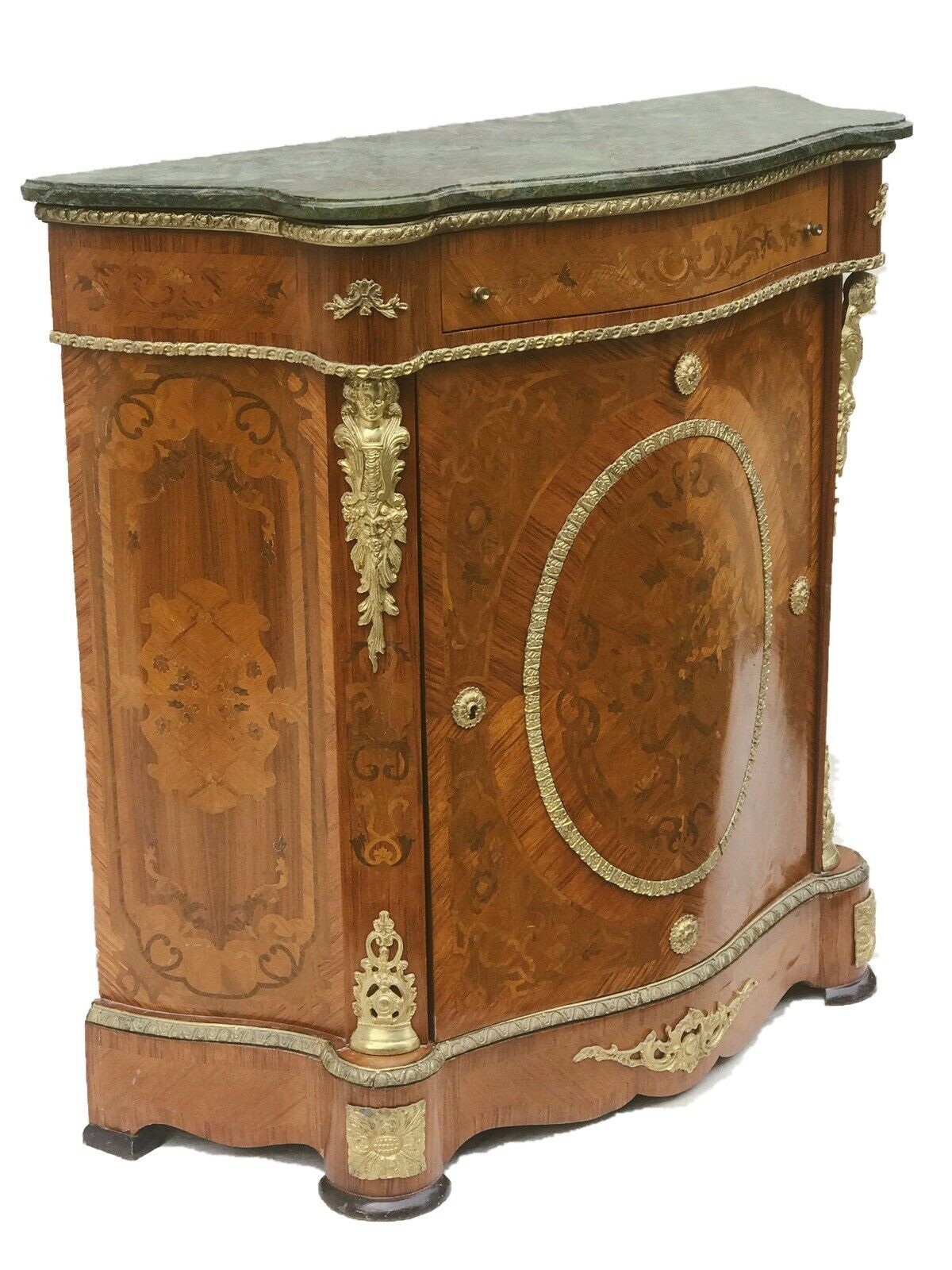 20TH C FRENCH LOUIS XV ANTIQUE STYLE MARBLE TOP MARQUETRY CONSOLE / CABINET